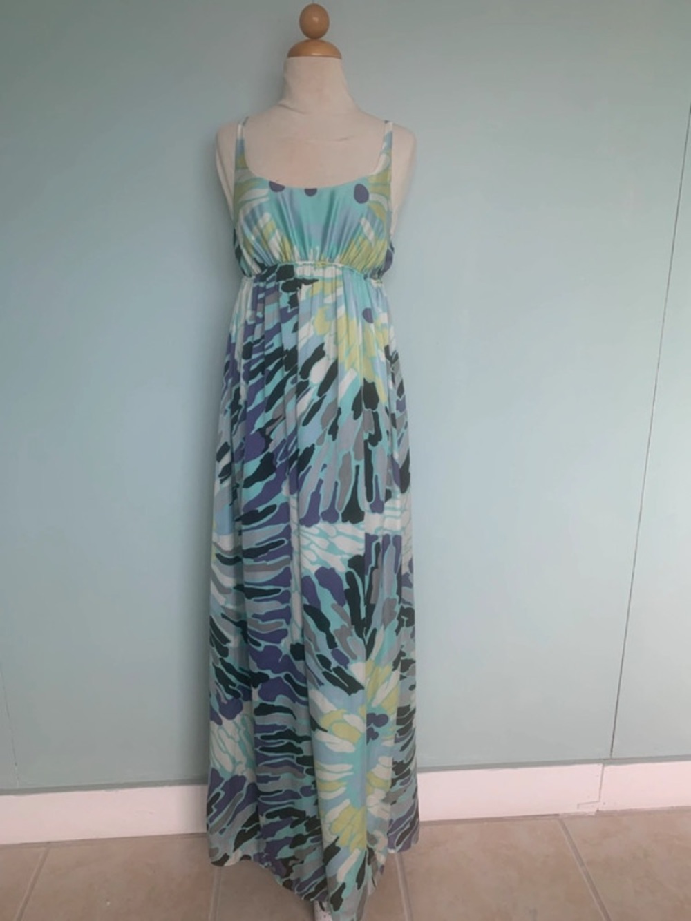 Sleeveless Blue Multi-Print Maxi Dress BCBG Generation Gorgeous Retail $400